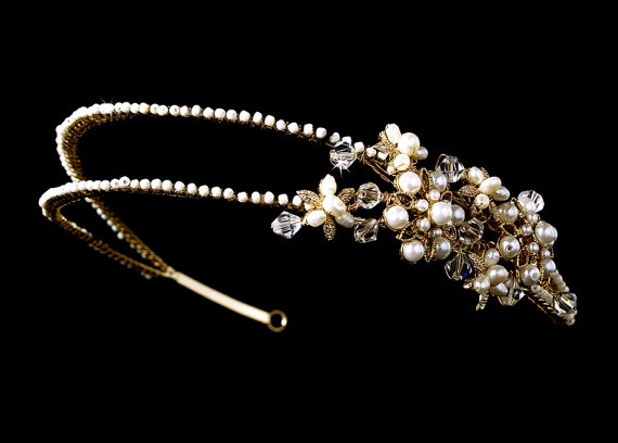 Hochzeit - Gold Wedding headpiece, Gold Bridal headband, Double row headband, Pearl headpiece, Crystal headpiece, Bridal hair accessory, Tiara