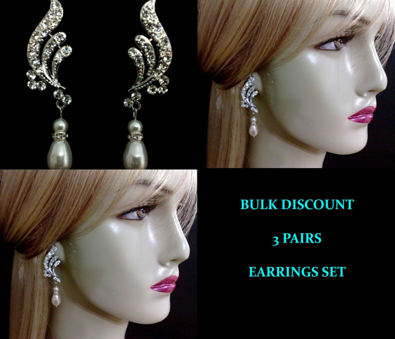 زفاف - Pearl Bridal Earrings, Bulk Discount Gift Sets, Bridesmaids Earrings, Swarovski Crystal Earrings, WINGS 3