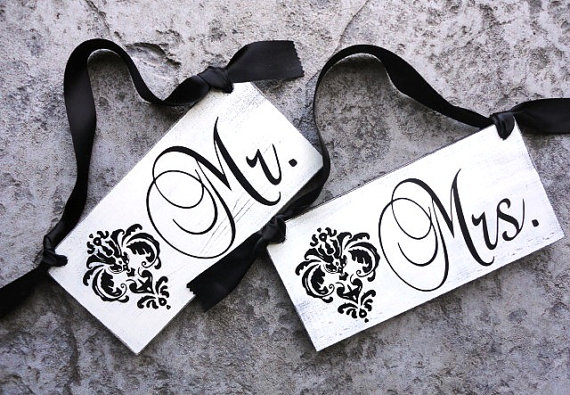 Wedding - Rustic Wedding Chair Signs, Mr. and Mrs. and Thank You.  Unique Wedding Seating Signs. 6 X 12 inches, Vintage with Damask, 2-sided.