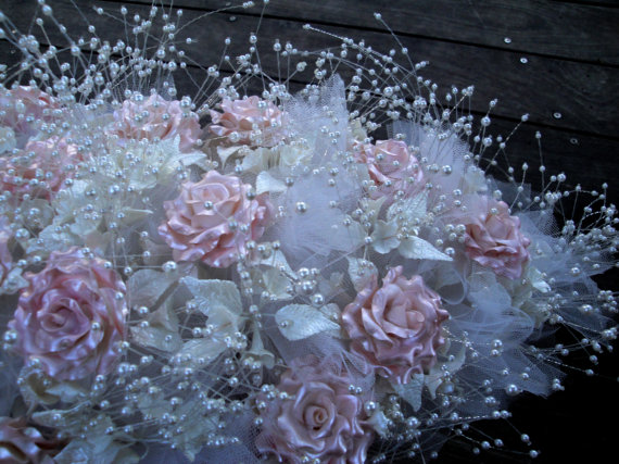 Свадьба - Large Bridal Bouquet / White Tulle Pink Pearlescent Roses Flowers Pearl Beads Vintage Wedding Bridal Shower Keepsake Flower Arrangement OCS
