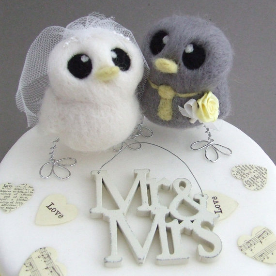 Wedding - Love Birds Wedding Cake Topper Grey and Yellow Wedding Bride and Groom Needle Felted Birds