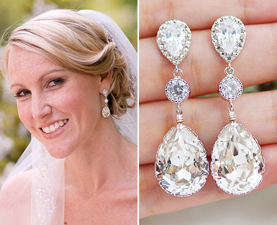 Hochzeit - Wedding Jewelry Bridal Earrings Bridesmaid Earrings Dangle Earrings Clear White Swarovski Crystal and Cubic Zirconia Tear drop Earrings