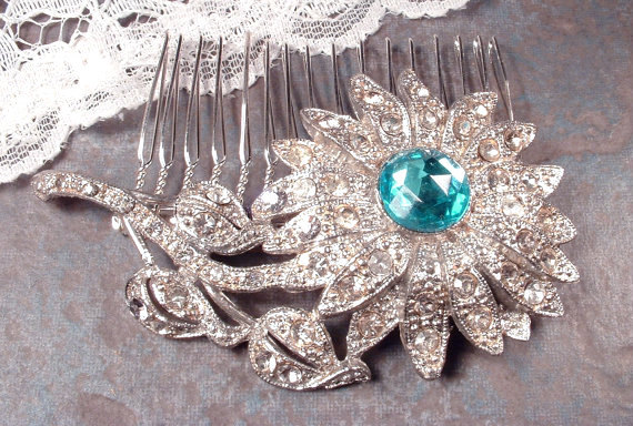 زفاف - 1920s Brooch OR Hair Comb, Art Deco Large Silver Aqua Blue & Clear Rhinestone Vintage Flower Wedding Head Piece / Sash Pin Tiffany Turquoise