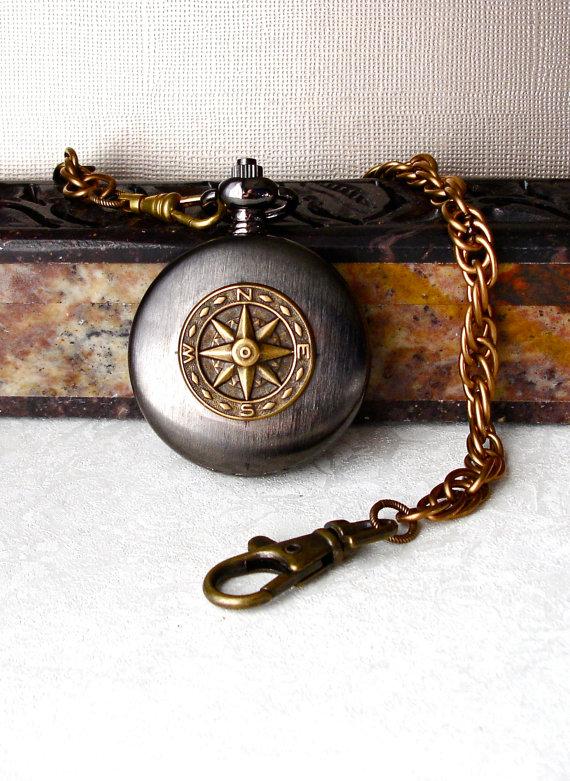 Wedding - Steampunk Compass Pocket Watch Vintage Handmade Chain Gunmetal Case Gothic Numerals Vintage Wedding Father Groom Best Man Groomsmen Gift Set