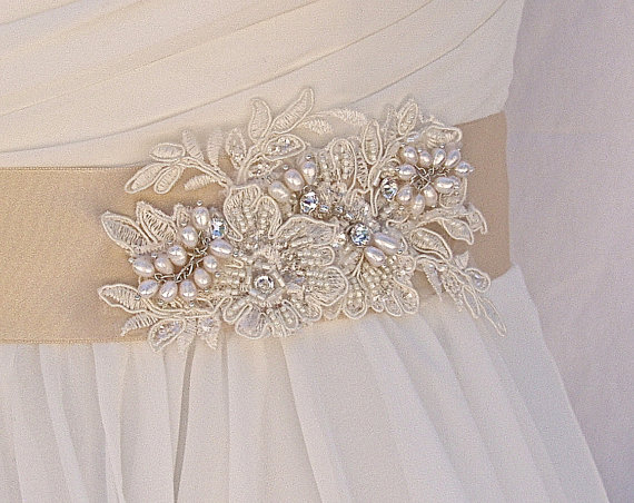 Hochzeit - Bridal Sash, Wedding Sash in Champagne, Ivory, Cream  With Lace, Crystals and Cultured Pearls, Rhinestones, Bridal Belt, Colors Choices