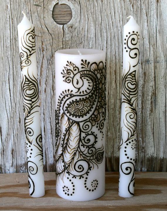 Hochzeit - Henna Peacock Unity Candle Set for Weddings