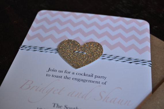 زفاف - Pink Chevron, glitter heart and bakers twine pink and gold birthday invitation