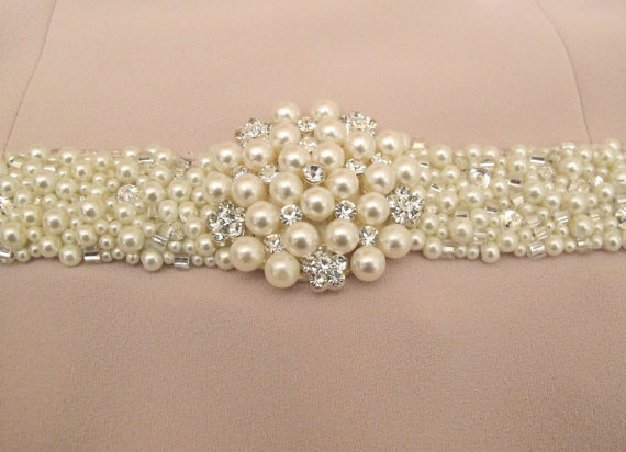 Hochzeit - Pearl Jeweled Sashes Hand Beaded Bridal Belt Rhinestones crystal beads Ivory