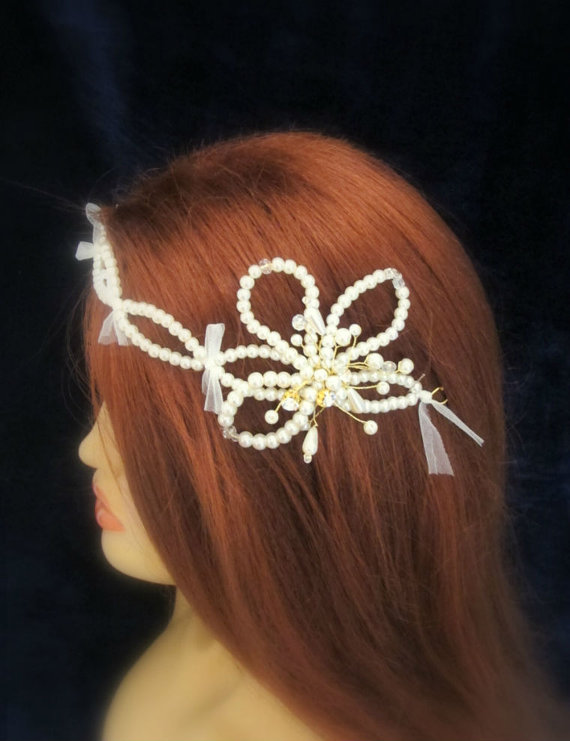 Hochzeit - Rhinestone Pearl Gold or Silver Bridal Headpiece Grecian Head PieceHeadband Tiara Wedding Hair Vine