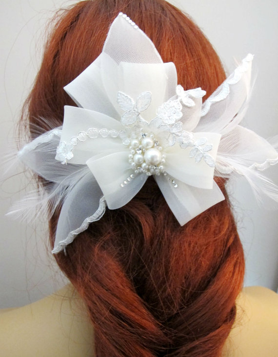 زفاف - Bridal Headpiece Feather Rhinestone Pearl Crystal Beads Hair Fascinator Ivory Beaded Wedding Comb Hair Clip
