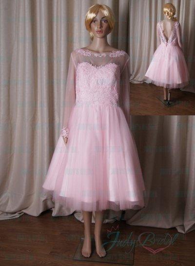 Wedding - LJ191 sheer bateau neck long sleeved pink vintate short wedding dress