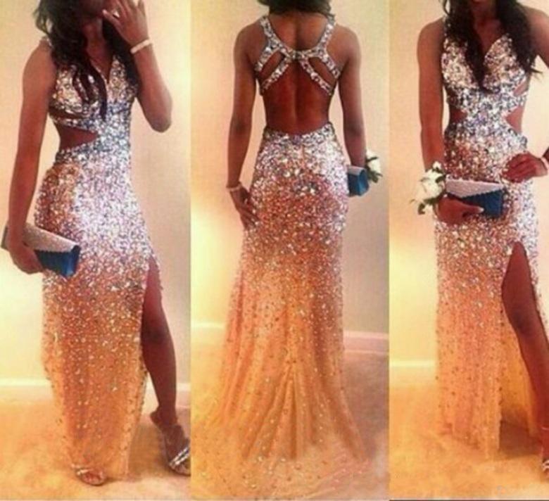 Свадьба - 2015 Beaded Sexy Prom Dresses High Quality Silver Shining Long Prom Party Dresses with Cross Back Side Slit Formal Dress for Women Sheath Online with $139.33/Piece on Hjklp88's Store 