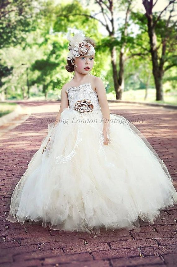 زفاف - Flower Girl Dress-vintage Flower Girl Tutu Dress-custom Champagne And Ivory Lace Flower Girl Tutu Dress