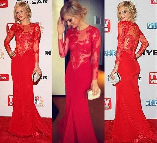 Mariage - Red Lace Prom Dresses 2014 Sexy Sheer Crew High Neck Illusion Applique Long Sleeves Evening Dresses Formal Pageant/ Celebrity Dresses Online with $95.06/Piece on Hjklp88's Store 