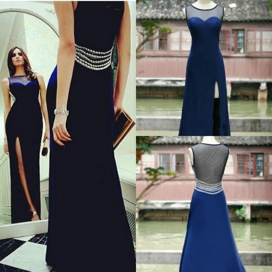 Hochzeit - Sheer Navy Blue Crystal Prom Dresses 2015 Illusion Back Side Split Formal Evening Gowns Long Women Pageant Party Dress Evening Dresses Online with $99.18/Piece on Hjklp88's Store 