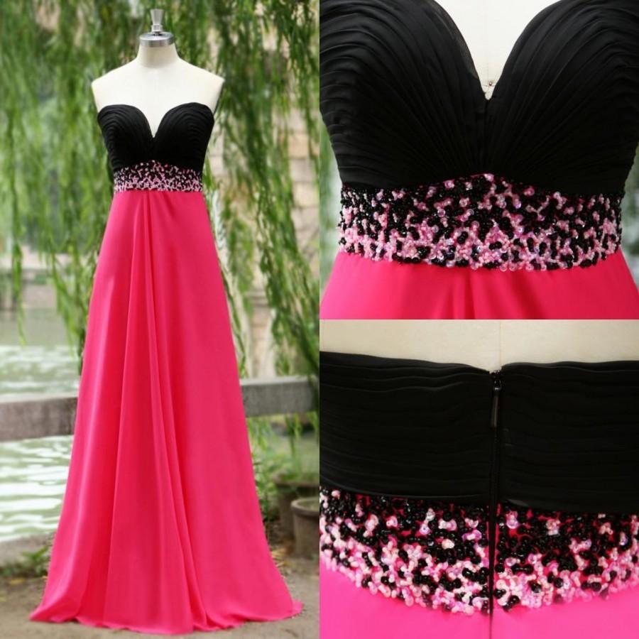 Mariage - Real Image 2014 Prom Dress with Black Sweetheart Top Beads Sash Fuchsia Empire A Line Women Party Gowns 2015 Evening Gowns Online with $91.92/Piece on Hjklp88's Store 