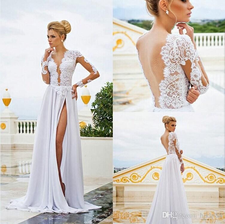 Свадьба - Long Sleeves Lace 2015 Illusion Wedding Dresses See Through Plunging V Neck Front Split Backless Garden Wedding Gowns A Line Bridal Gowns Online with $120.14/Piece on Hjklp88's Store 