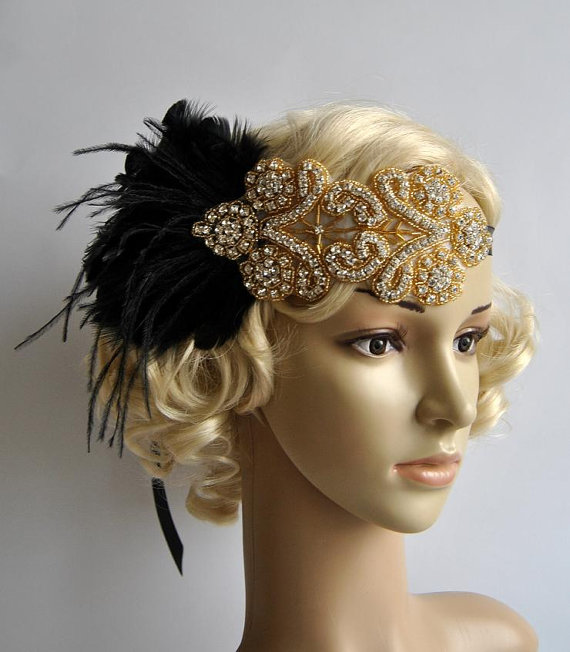 Mariage - Gold black feather flapper Gatsby Headband, Wedding HCrystal Headband, Wedding Headpiece, Halo Bridal Headpiece, 1920s Flapper headband