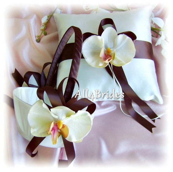 Hochzeit - Chocolate Brown Wedding Basket  Pillow With Orchids, Flower Girl Basket and Ring Bearer Pillow Set