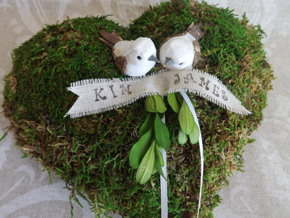 Wedding - Personalized Moss Wedding Ring Pillow-Heart Love Birds- Woodland Country Garden Wedding Pillow