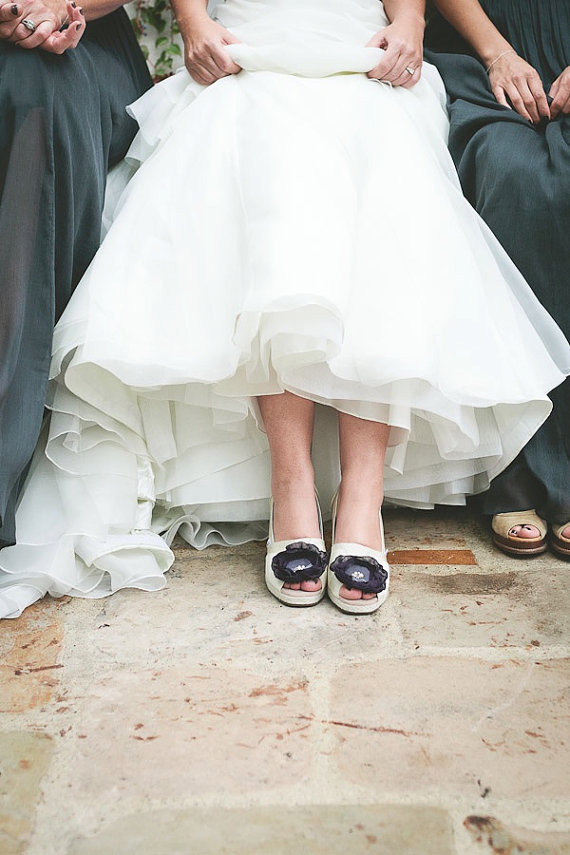 Wedding - Flower Shoe Clips, Egplant, Pearl beaded center, white, ivory, black, champagne, custom colors
