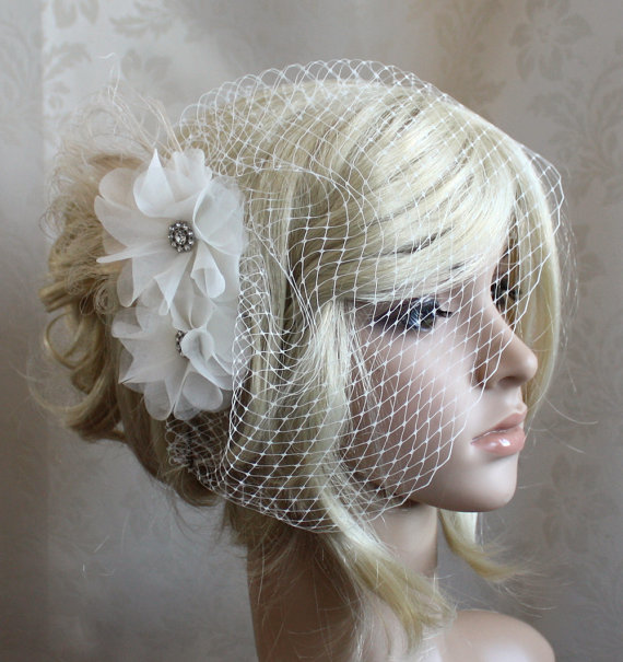 Hochzeit - Ivory Silk organza flowers hair clip and birdcage veil ( 2 items) - angle look - wedding reception bridal party