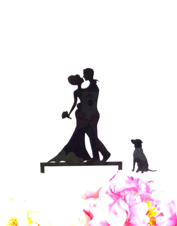 Hochzeit - DOG + BRIDE + GROOM Silhouette Wedding Cake Topper + Dog Pet Family of 3 Silhouette Wedding Cake Topper Bride and Groom Cake Topper