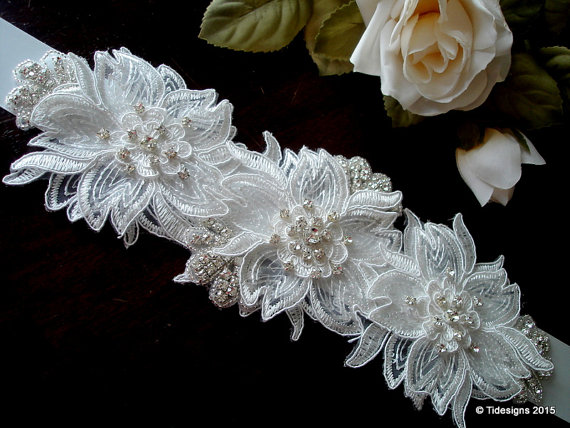 Mariage - Off White Bridal Sash Belt , Crystal wedding sash , Crystal sash , Beaded Sash, Rhinestone Bridal Sash, Lace Flower Sash