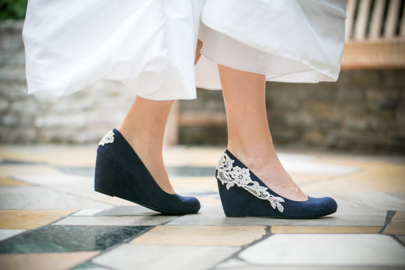 زفاف - Wedding Shoes - Navy Blue Wedges, Bridal Heels, Wedding Heels, Navy Wedges with Ivory Lace. US Size 8