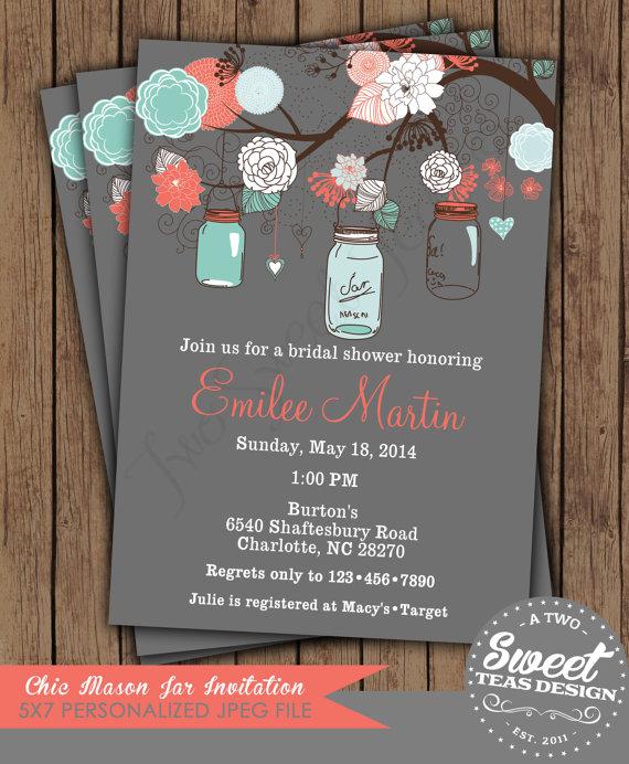 Свадьба - Vintage Shabby Chic French Country Mason Jar Shower Baby Bridal Wedding Invitation Digital Printable Coral Turquoise