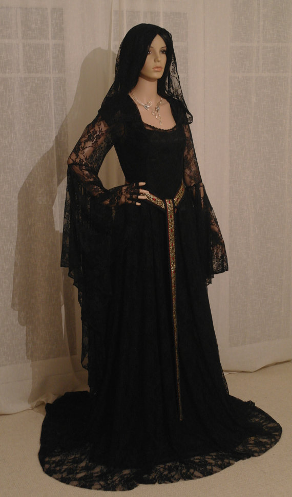 Mariage - Elven black lace dress with hood  Renaissance medieval handfasting  wedding custom made