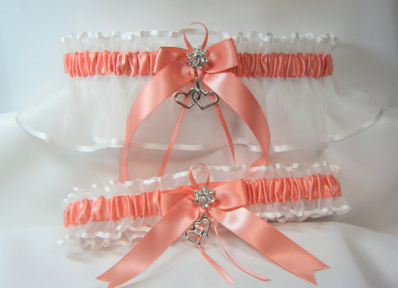 زفاف - Double Heart Wedding garters Coral Garter set