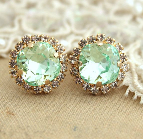 Mariage - Mint Stud Earrings Crystal Mint Earrings Swarovski Mint Studs Bridal Mint Earrings Bridesmaids Mint Earrings Bridesmaids Gift Mint Gold Stud