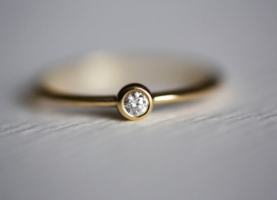Wedding - Solitaire Diamond Ring, Tiny Diamond Ring, Simple Engagement Ring, Thin Diamond Band, 14k SOLID GOLD
