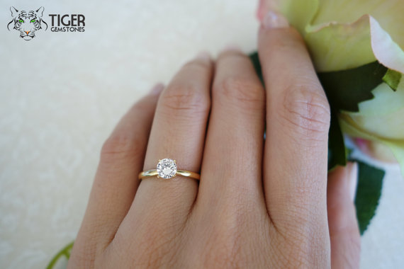 Hochzeit - 14k Solid Yellow Gold: .5 Carat Solitaire Round Cut 4 Prong Engagement Ring, 5mm Man Made Diamond Simulant, Wedding Ring Bridal Promise Ring