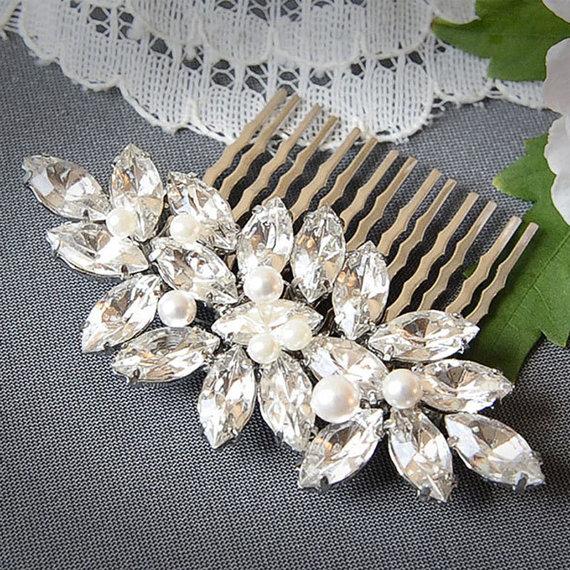Hochzeit - YUDELLE - Wedding Hair Comb, Oval Rhinestone & Pearl Bridal Hair Comb, Marquise Crystal Leaf Bridal Wedding Hair Accessory, Vintage Glamour