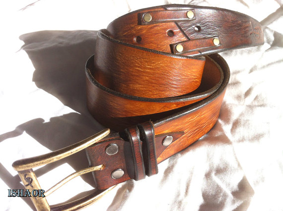 زفاف - Brown Distressed Leather belt with decorative golden studs, groomsmen gift, groomsman gift, best man gift - vintage look by Ishaor