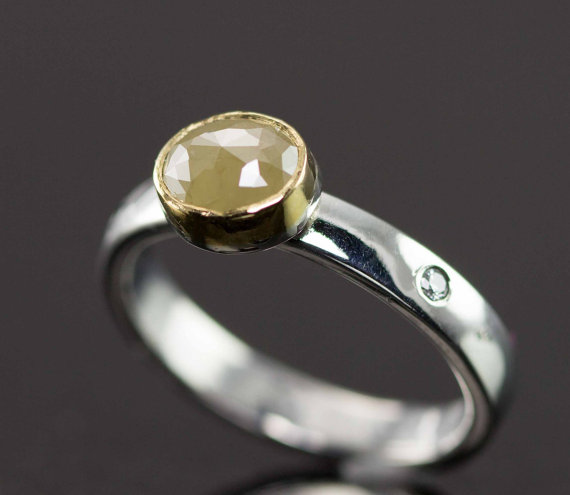 زفاف - Oval Diamond Engagement Ring - Rose Cut Yellow Diamond in 22k Gold and Sterling