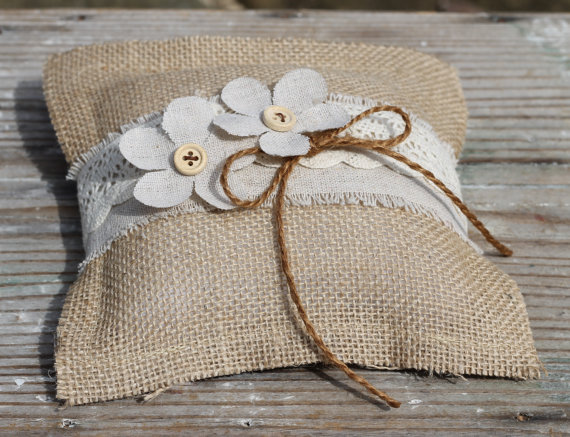Hochzeit - Wedding Ring Pillow Rustic Linen Or Burlap And Lace Shabby Chic Weddings