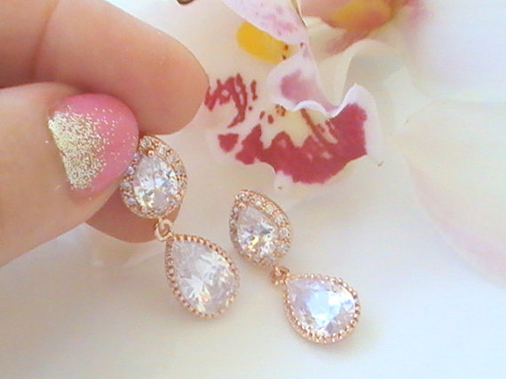 زفاف - Rose Gold Crystal Bridal Earrings- Rose Gold Bridal Jewelry- Will You Be My Bridesmaid Gift- Cubic Zirconia Earrings- Gold Wedding Earrings