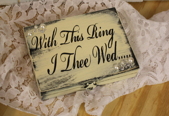 Mariage - Ring Box/Ring Bearer/Bride/Groom/With This Ring/I Thee Wed/White/Wedding Bling/Clear Rhinestone and Faux Pearls
