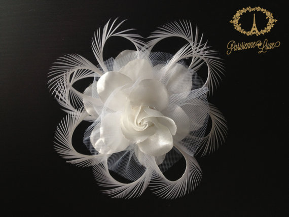 Hochzeit - Ivory Bridal Hair Accessories, Wedding Head Piece, Bridal Hair Clip, Fascinator, Floral & Feather Hair Accessory "MELISSA"