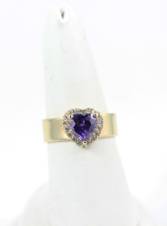 Hochzeit - Lovely 14K Solid Yellow Gold 1.80 Carat Heart Shape Amethyst Round H SI1 Genuine Diamond Promise Wedding Engagement Halo Ring Love Gift