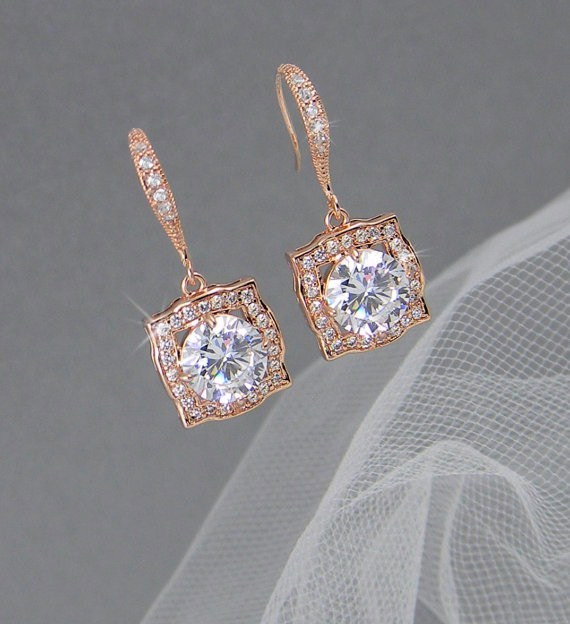 Hochzeit - Rose Gold  Bridal Earrings, Square cut Wedding Jewelry, Dangle Earrings, Swarovski, Rose Gold Adrienne Bridal Earrings