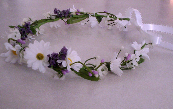 Свадьба - Boho Bridal floral crown summer hair wreath accessory -Cathie-lavender white silk Daisy headband Hippie hair wedding flower girl halo