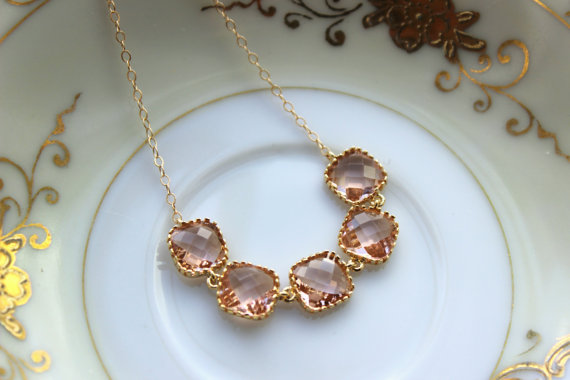 Hochzeit - Champagne Blush Necklace Gold Plated Peach Necklace - Bridesmaid Gift - Bridal Necklace Champagne Blush Wedding Jewelry - Bridesmaid Jewelry