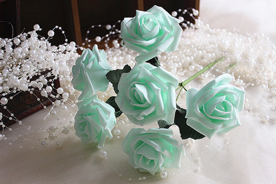 Hochzeit - 72 pcs Mint Green Roses Artificial Flowers For Bridal Bridesmaids Bouquet Wedding Flowers Fake Roses Floral Wedding Decor