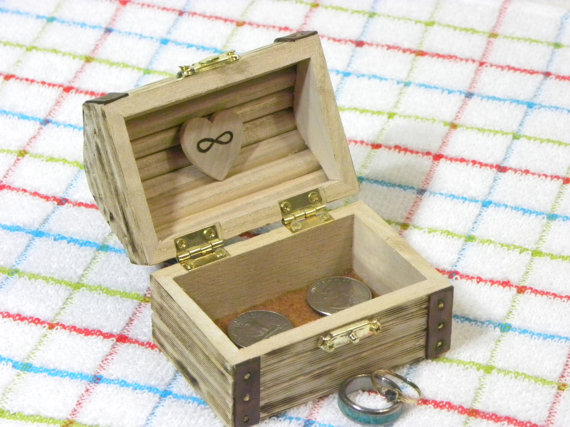 Wedding - Personalized Ring Bearer Box Custom Heart for Wedding Proposal Engagement Anniversary Ceremony Rustic Treasure Chest Brown Trim