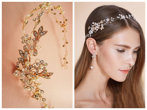 زفاف - Nature inspired hair vine, Rose gold or silver floral bridal headband,  Art deco rhinestone crystal pearl tiara, Wedding flower headband