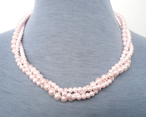 Wedding - Pearl Necklace,Light Pink Pearl Necklace ,Glass Pearl Necklace,3 Strands Pearl Necklace,Wedding Jewelry,Bridesmaid necklace,Wedding necklace